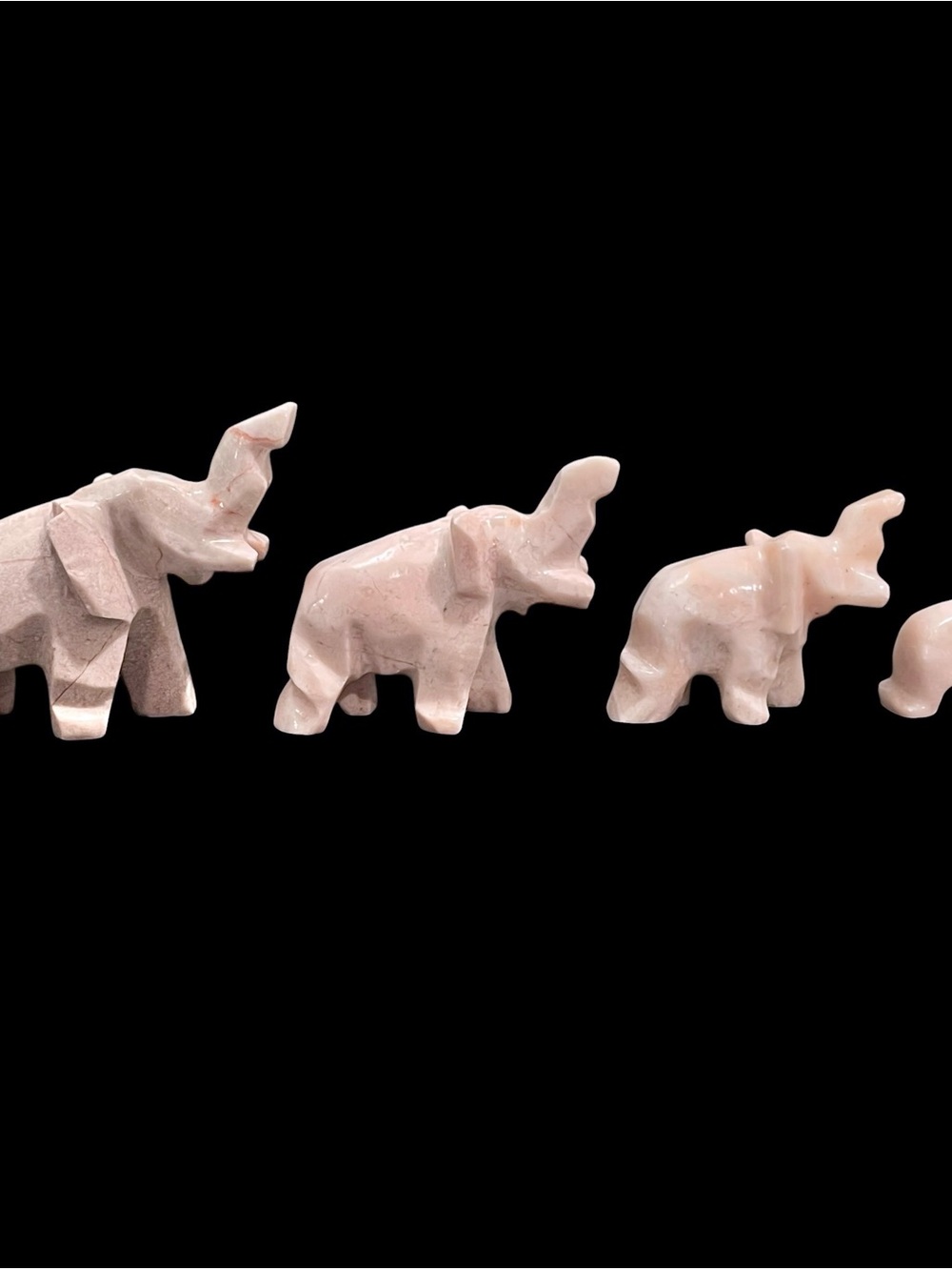 Vintage 1950s Hand Carved Pink Onyx Marble Ascending Elephant Family Set of 4